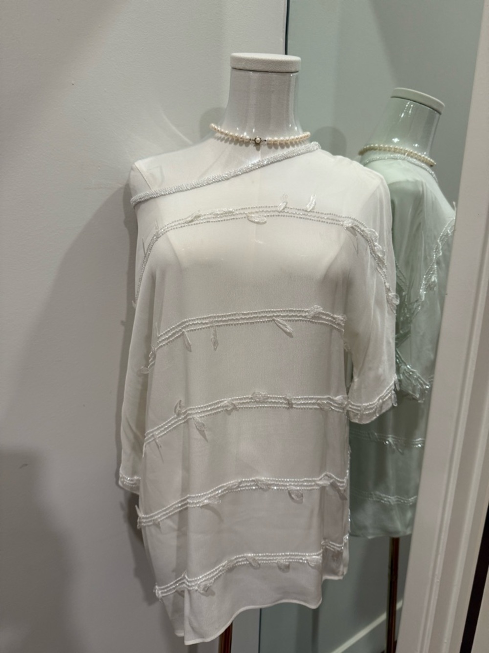 Women's One-Shoulder Cream Tunic with Beaded Trim